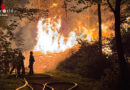 D: Großer Holzstapel geht im Wald in Essen in Flammen auf